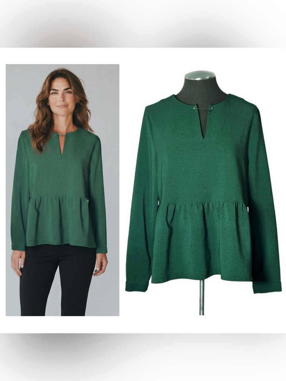 🆕 FRNCH – Margot Green Long Sleeve Keyhole Peplum Top - Large